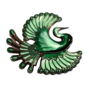 David Andersen DA Signed Norway Sterling 925 Green Enamel Bird Brooch Guilloche
